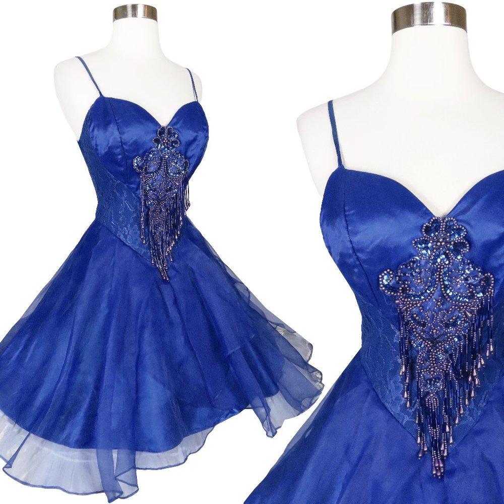 Vintage 80s Blue Lace Organza Full Skirt Prom Cocktail Party Dress XS S